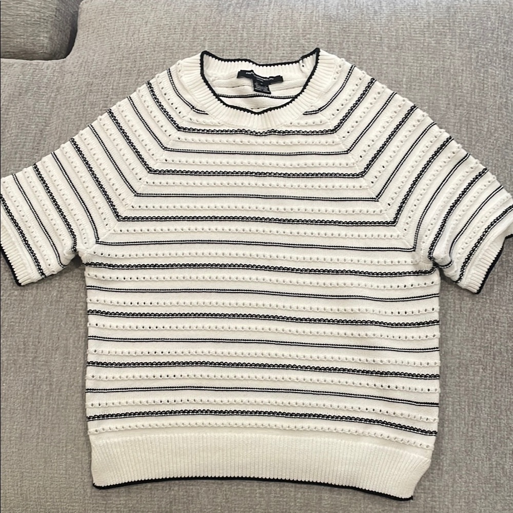 French Connection White and Black Crewneck Striped Top